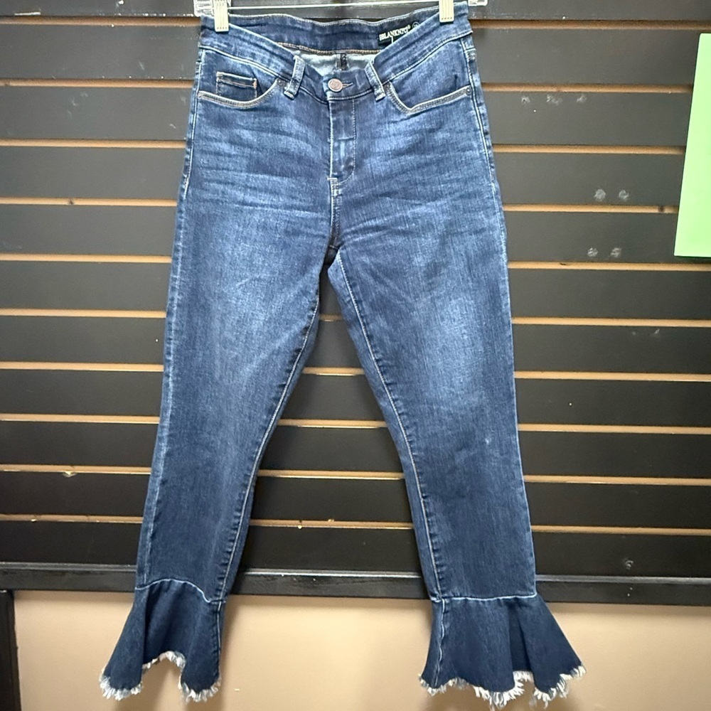 Blank NYC Women’s “Fancy That Flare” Fray Hem Jeans Dark Wash Stretch Size 27